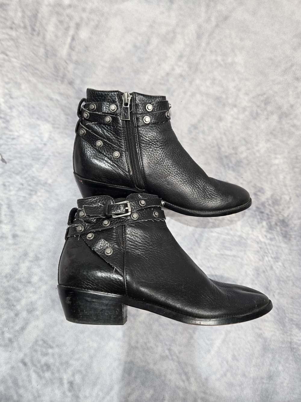 Halogen Black Leather Studded Ankle Boots with Buckle Strap